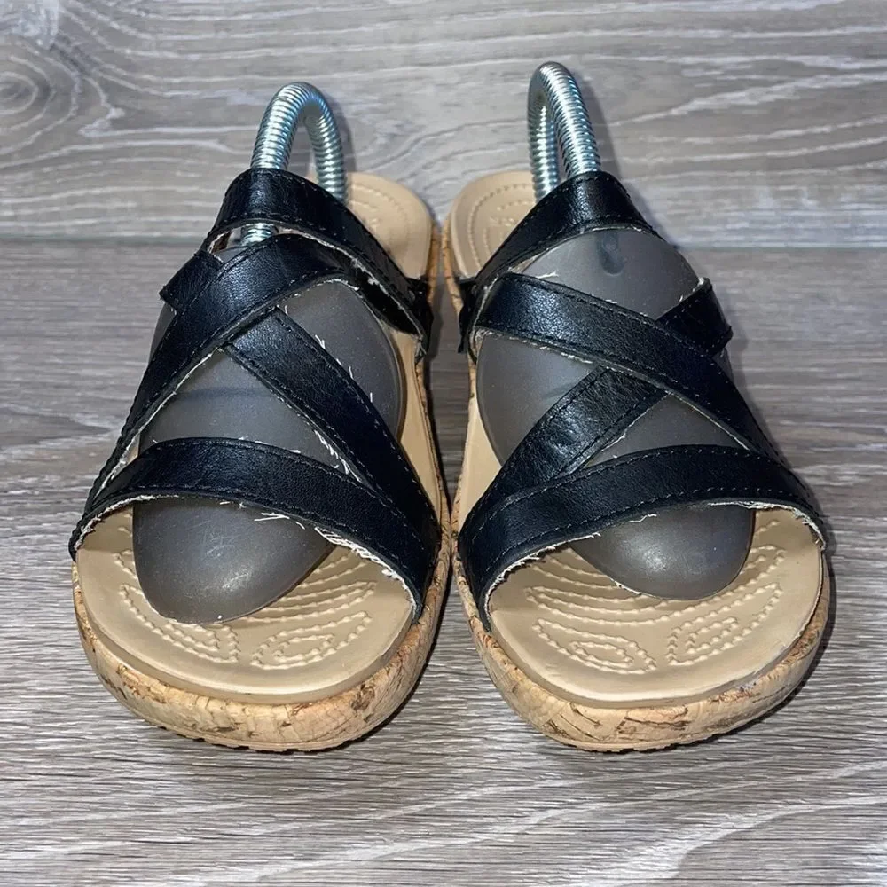 Crocs A-Leigh Cork Wedge Black Leather Strappy Women’s Size 9 Slip On Sandals
